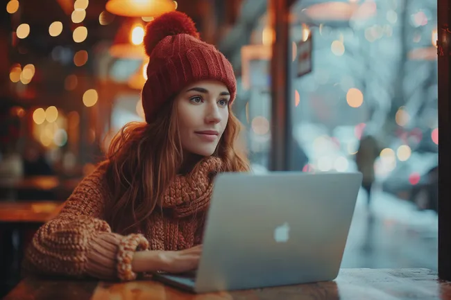 Junge Frau arbeitet an Laptop in verschneiter Winterstadt