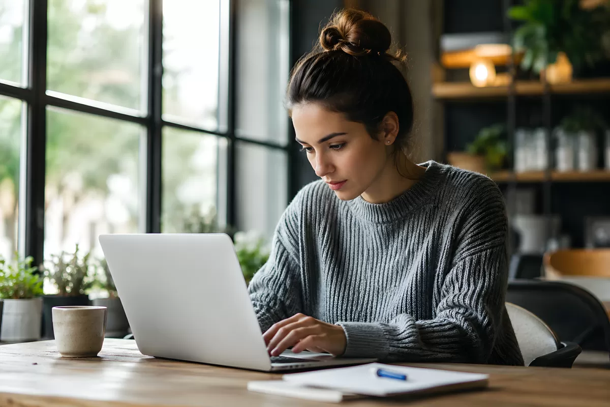 Junge Frau arbeitet konzentriert am Laptop im Café