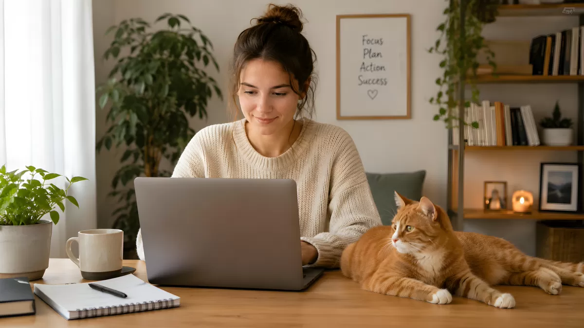 Junge Frau arbeitet mit Katze am Schreibtisch
