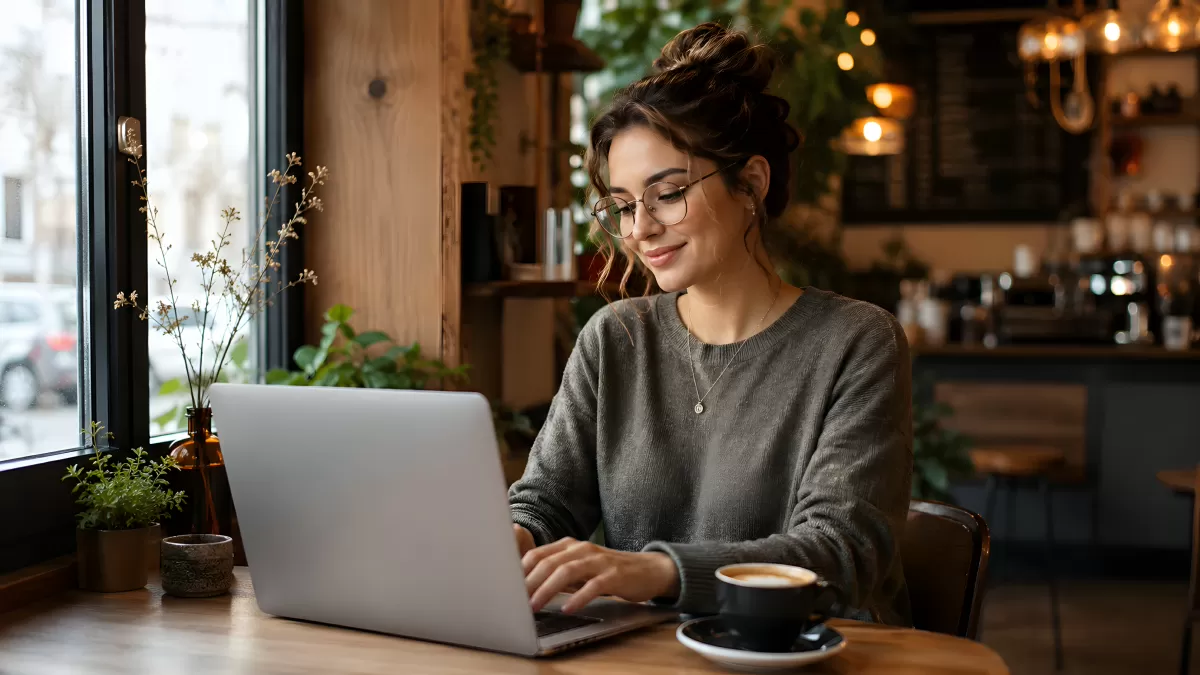 Junge Frau arbeitet mit Laptop in gemütlichem Café