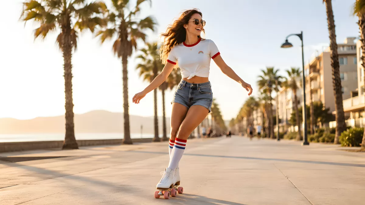 Junge Frau auf Rollschuhen an sonniger Strandpromenade