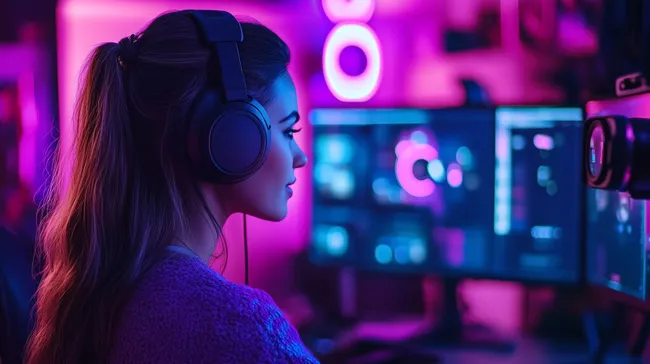 Junge Frau bei Livestream in neonbeleuchteter Gaming-Umgebung