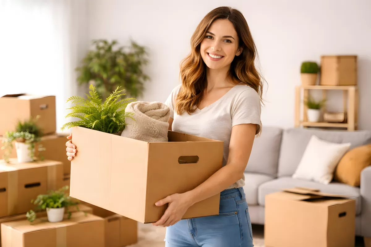 Junge Frau beim Umzug in neue Wohnung