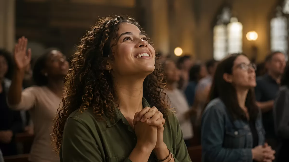 Junge Frau betet lächelnd in einer Kirche