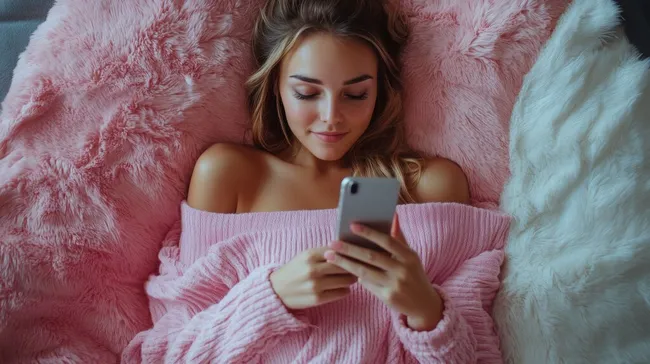 Junge Frau entspannt auf rosa Couch mit Smartphone