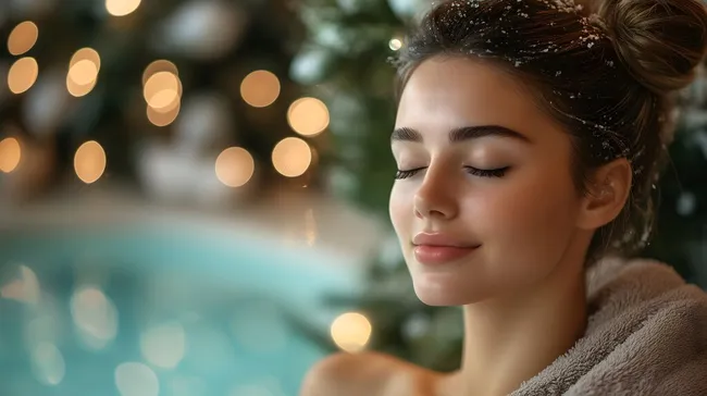 Junge Frau entspannt im Wellnessbereich mit Weihnachtsbeleuchtung