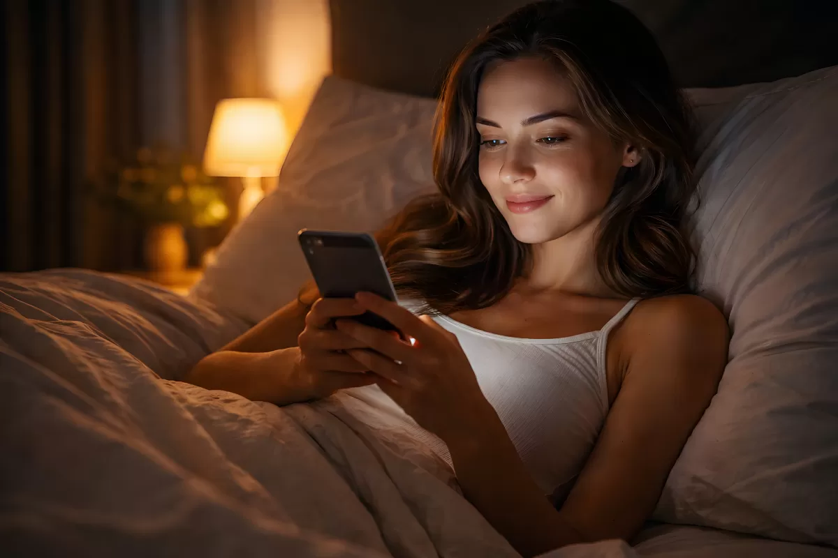 Junge Frau entspannt sich abends mit Smartphone