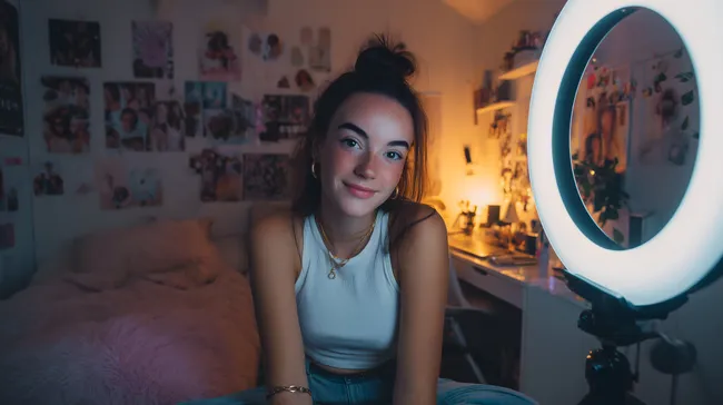 Junge Frau filmt Kurzvideos im jugendlichen Schlafzimmer