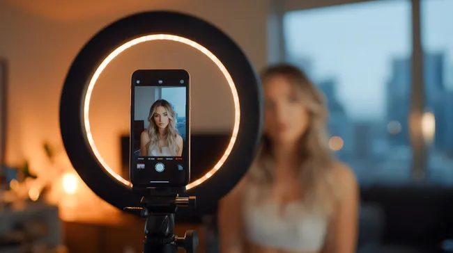 Junge Frau filmt Selfie mit Ringlicht und Smartphone