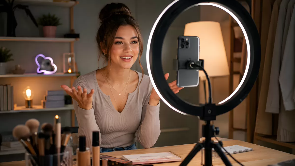 Junge Frau filmt sich mit Ringlicht als Beauty-Influencerin