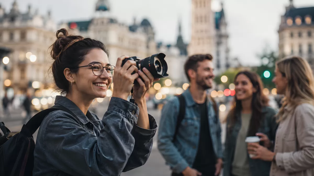 Junge Frau fotografiert lächelnd in europäischer Stadt