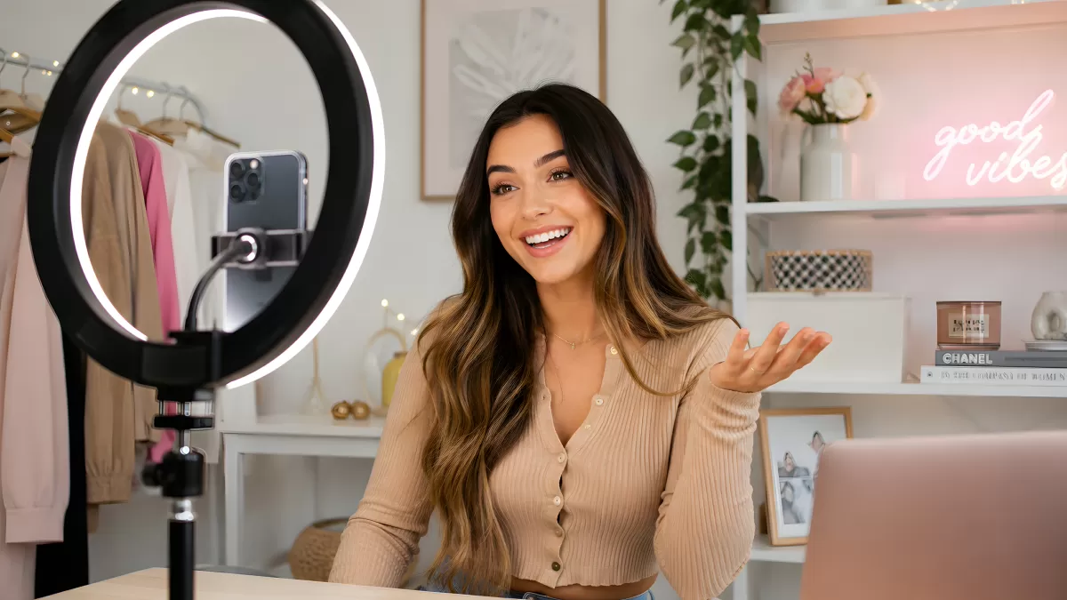 Junge Frau fotografiert sich mit Ringlicht und Handy