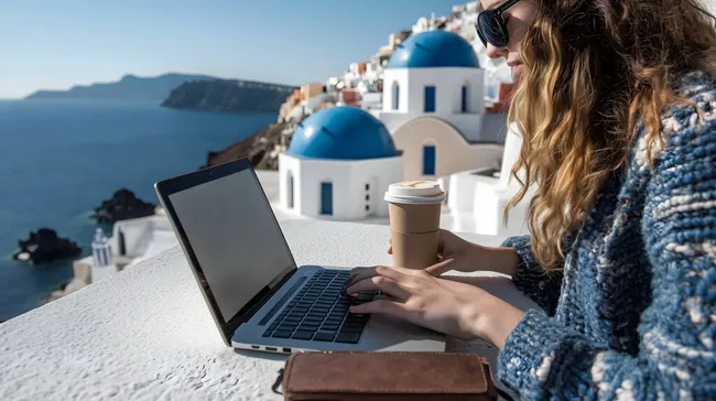 Junge Frau fotografiert während Pause in Santorini