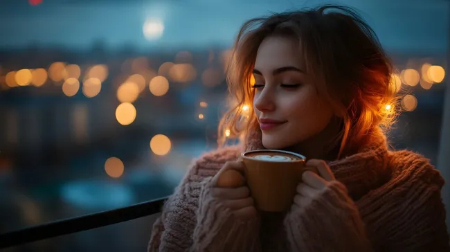 Junge Frau genießt Kaffee bei Nacht mit Stadtlichtern