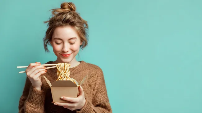 Junge Frau genießt Nudelgericht in Wohlfühlpullover