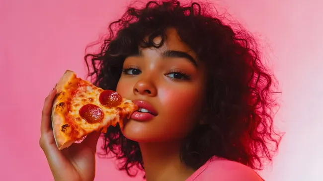 Junge Frau genießt Pizzaschnitte vor Rosa