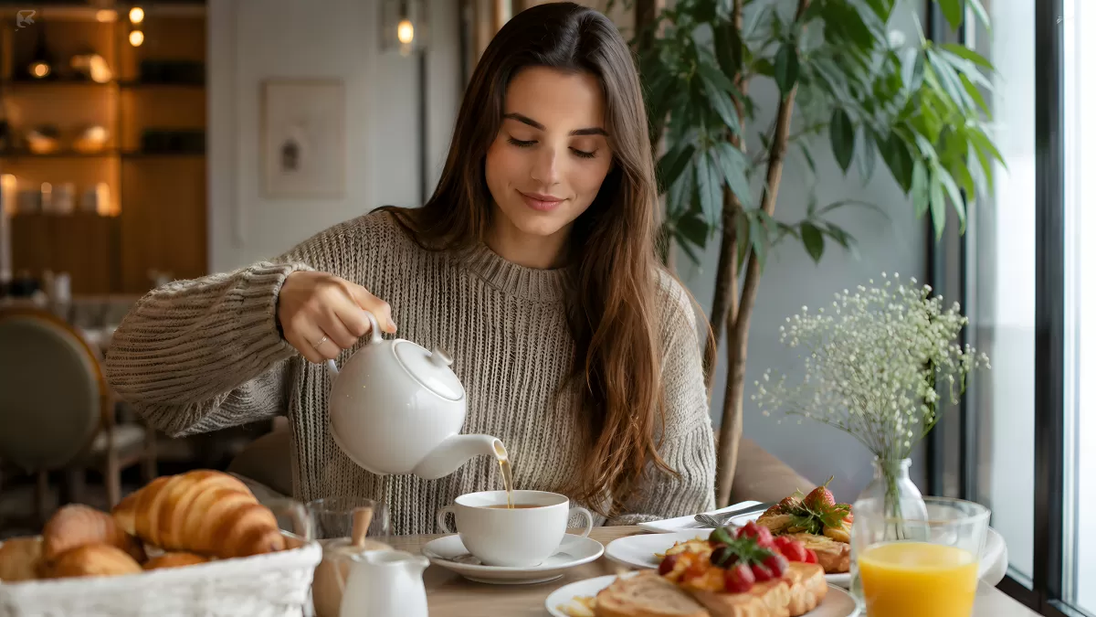 Junge Frau gießt Tee beim Frühstück im Café
