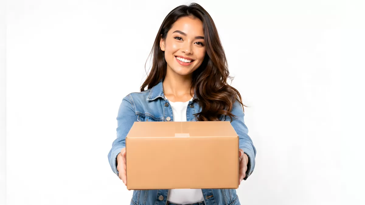 Junge Frau hält lächelnd ein Paket in die Kamera