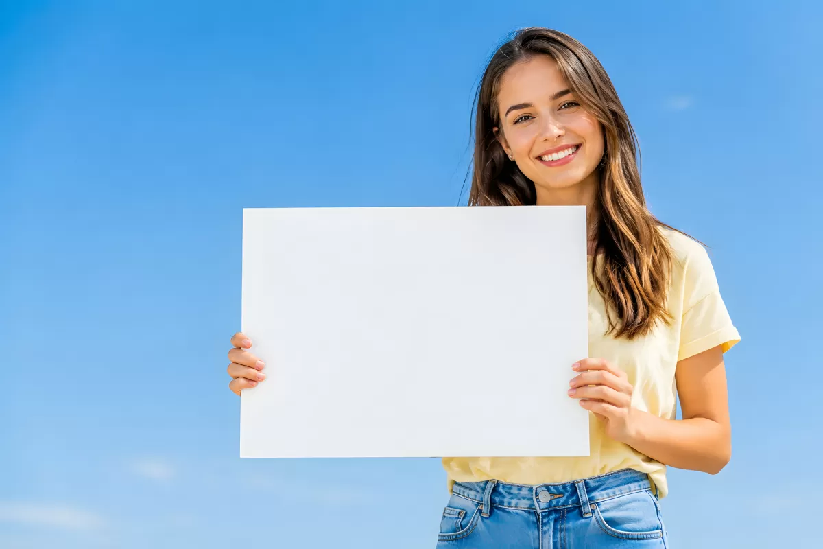 Junge Frau hält leeres weißes Schild vor blauem Himmel