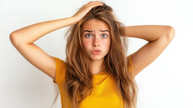 Junge Frau hat verwirrten Gesichtsausdruck und zerzauste Haare