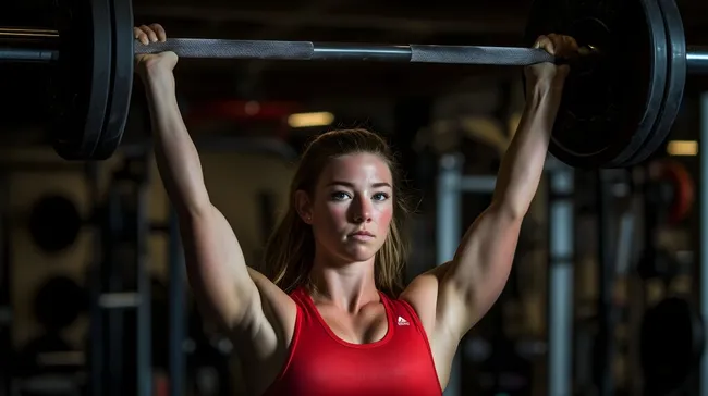 Junge Frau hebt Hantel im Fitnessstudio