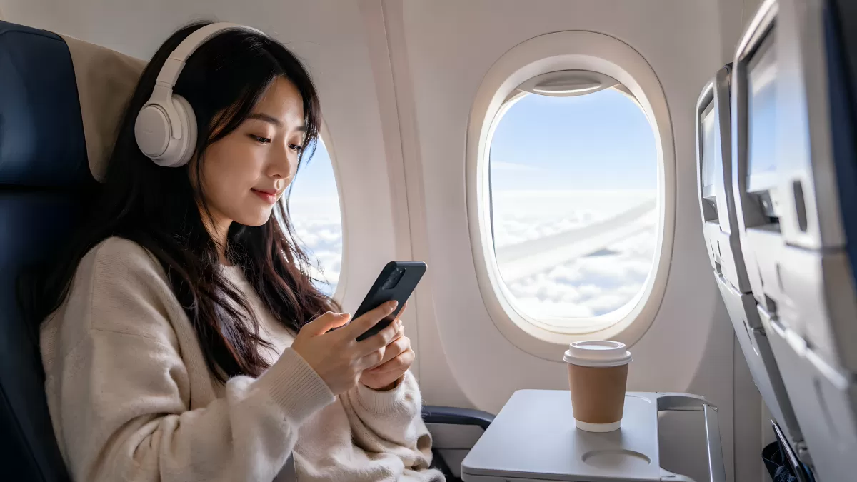 Junge Frau hört Musik im Flugzeug am Handy