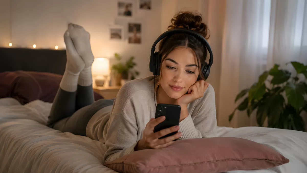 Junge Frau hört Musik mit Kopfhörern im Bett