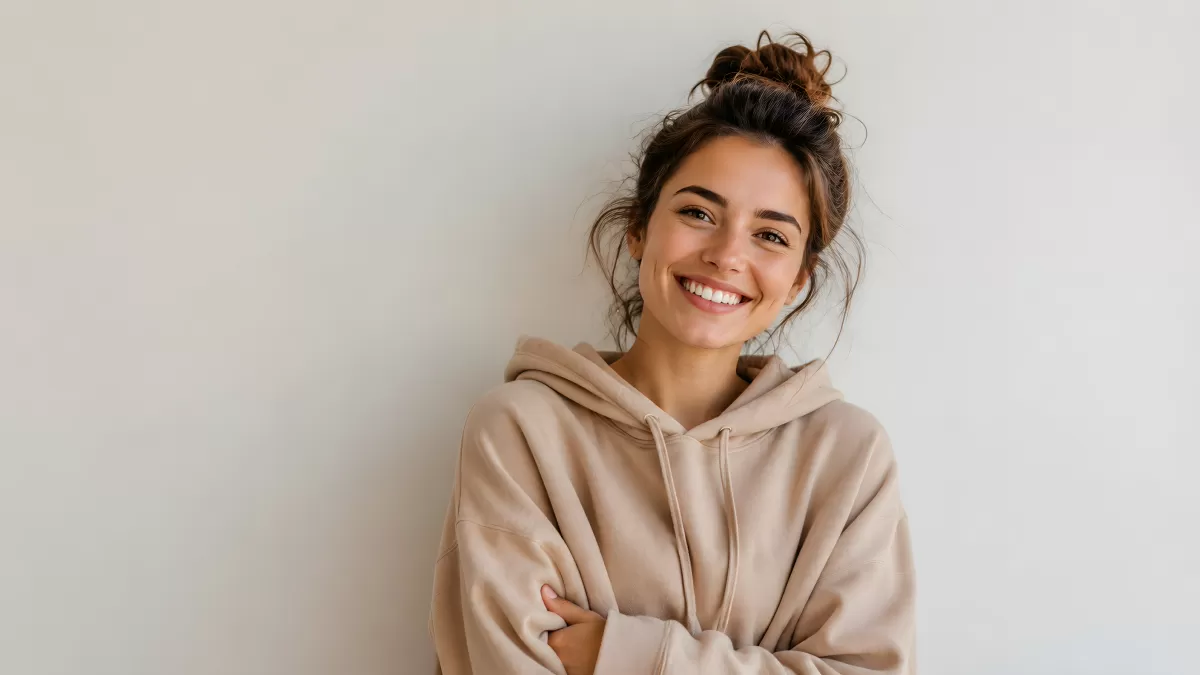 Junge Frau im beigen Hoodie lächelt entspannt