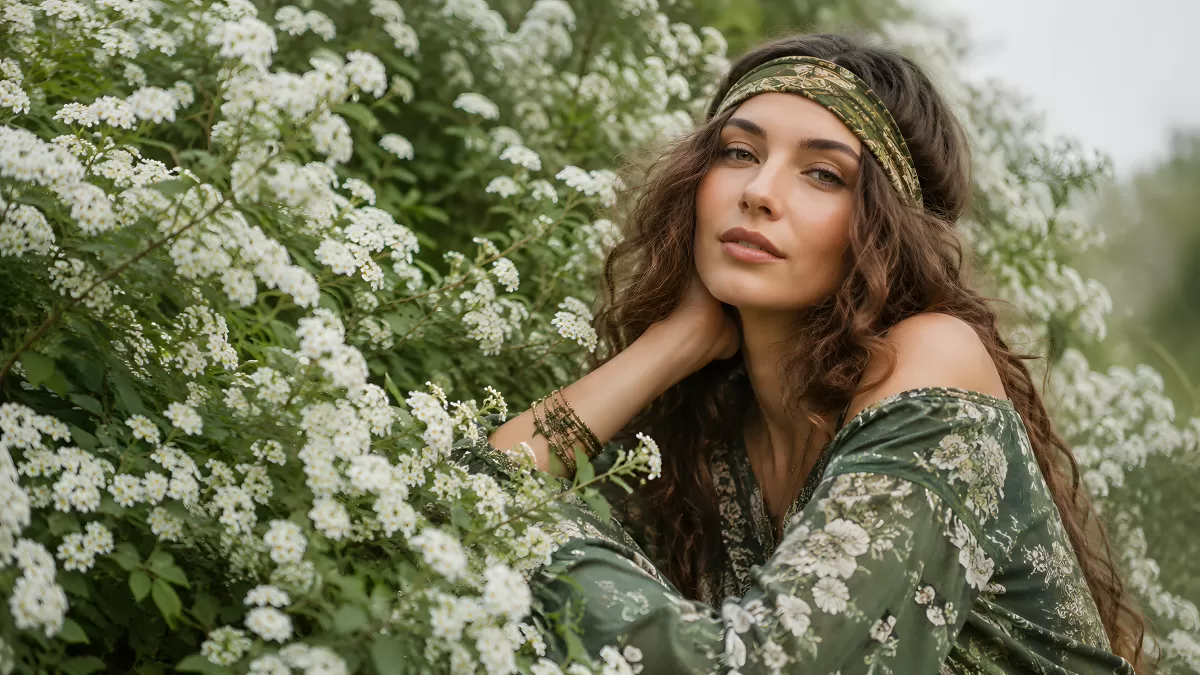 Junge Frau im Boho-Kleid zwischen weißen Blüten