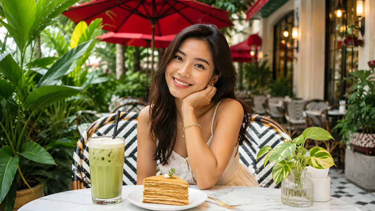 Junge Frau im Café mit Matcha-Latte und Torte
