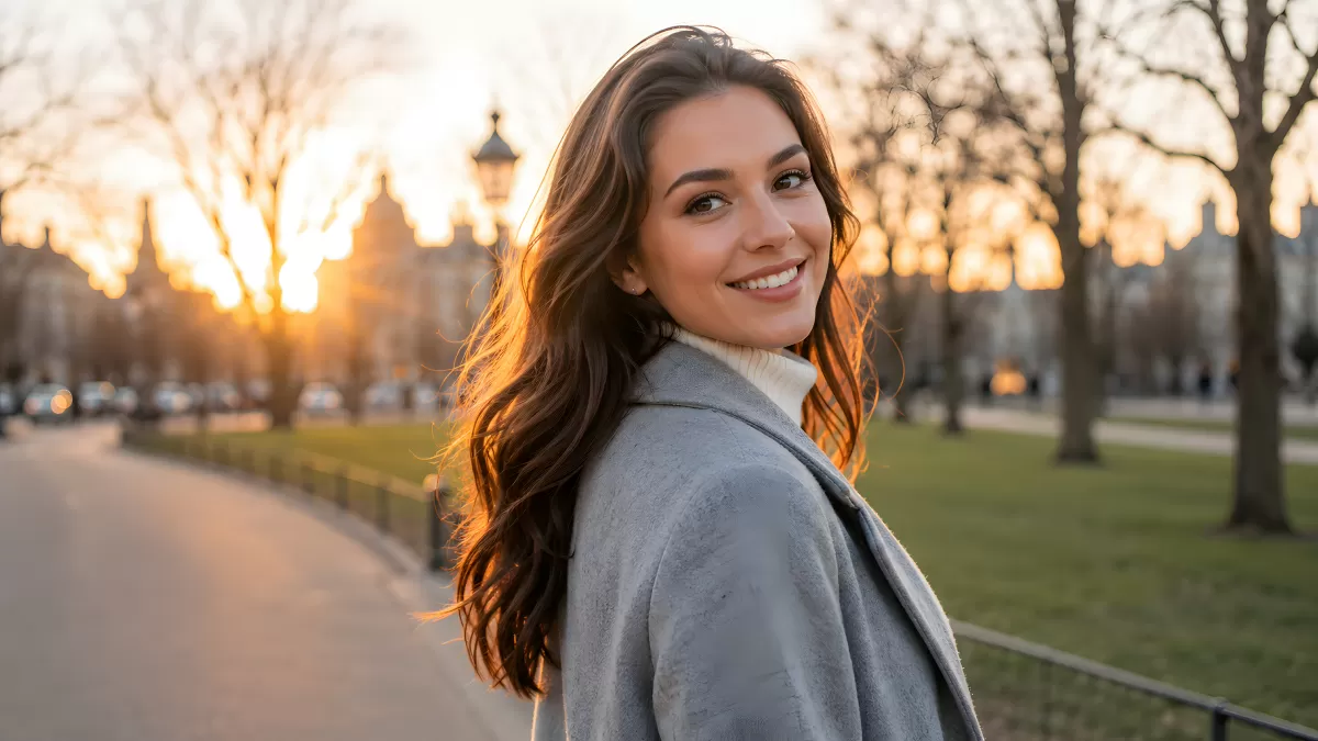 Junge Frau im Park bei goldenem Sonnenuntergang