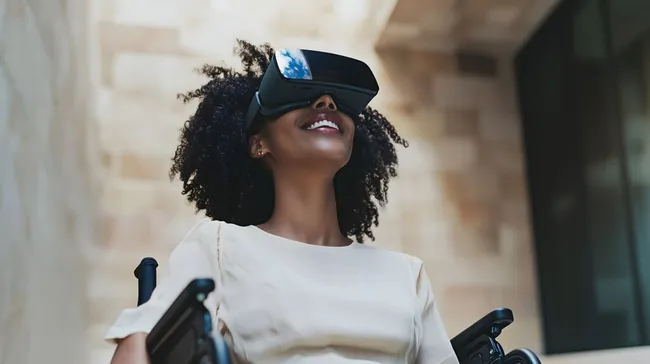 Junge Frau im Rollstuhl erlebt virtuelle Realität