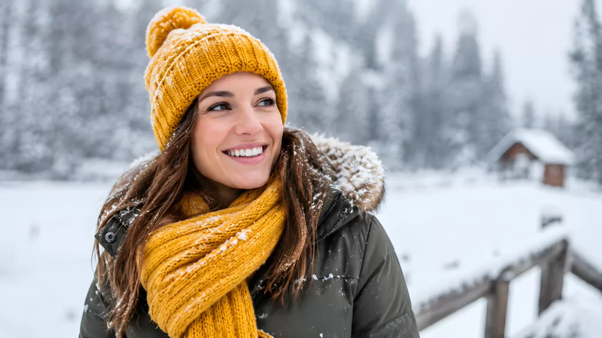 Junge Frau im Schnee mit gelbem Strickschal und Mütze