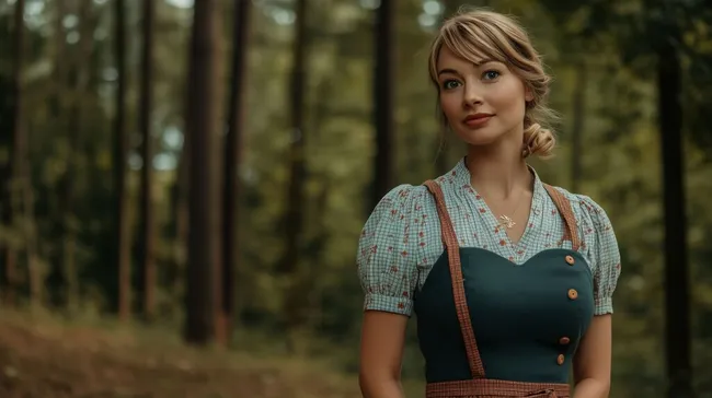 Junge Frau im traditionellen Dirndl-Outfit in Waldlandschaft