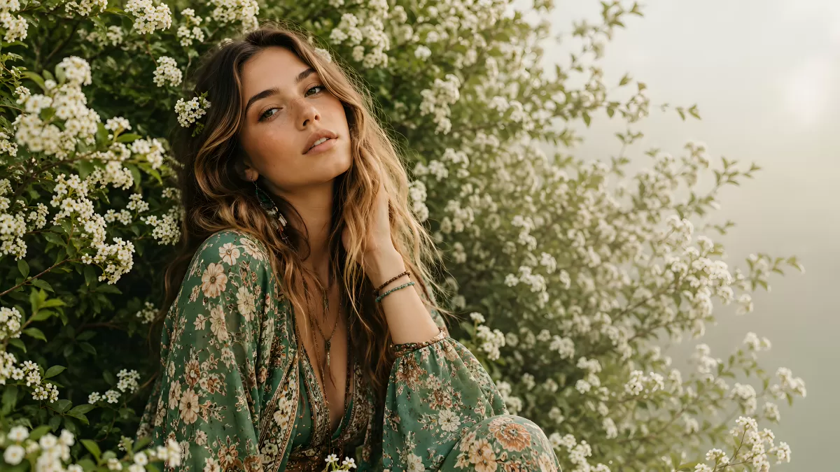 Junge Frau in Blumenkleid zwischen weißen Blüten