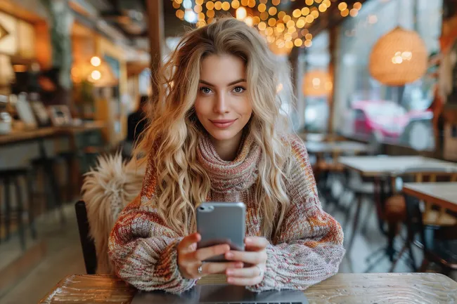 Junge Frau in einem stimmungsvoll beleuchteten Café