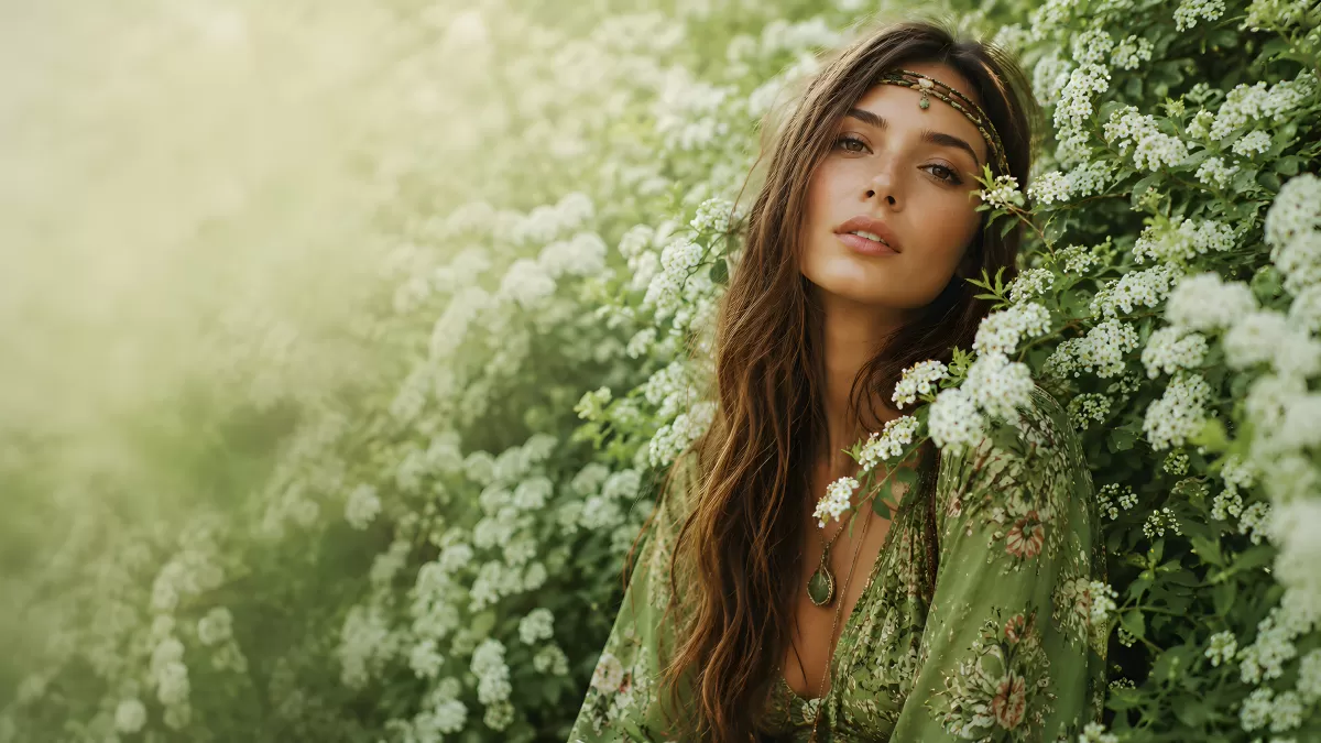 Junge Frau in grünem Boho-Kleid zwischen weißen Blüten