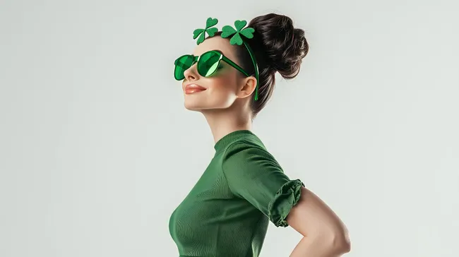 Junge Frau in grünem Outfit feiert St. Patrick's Day