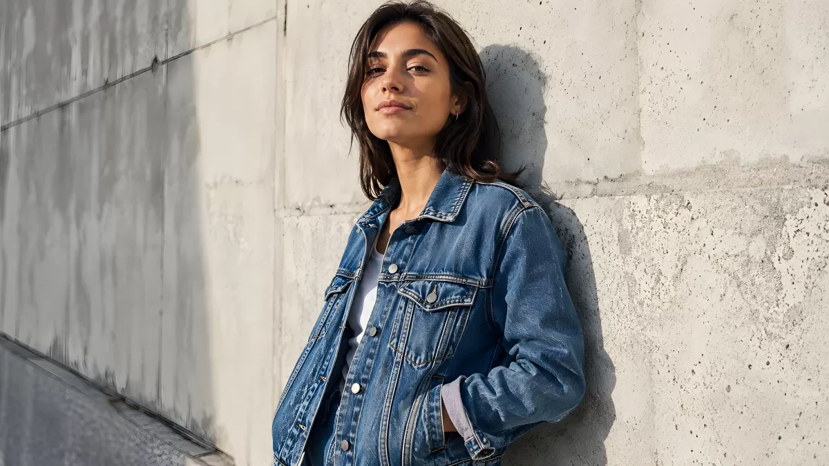 Junge Frau in Jeansjacke lehnt an Betonwand
