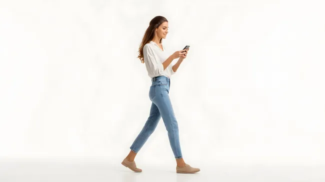 Junge Frau in legerer Alltagsmode beim Smartphone-Gebrauch