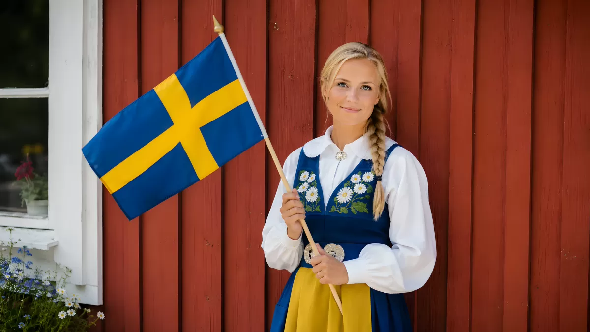 Junge Frau in schwedischer Tracht mit Nationalflagge