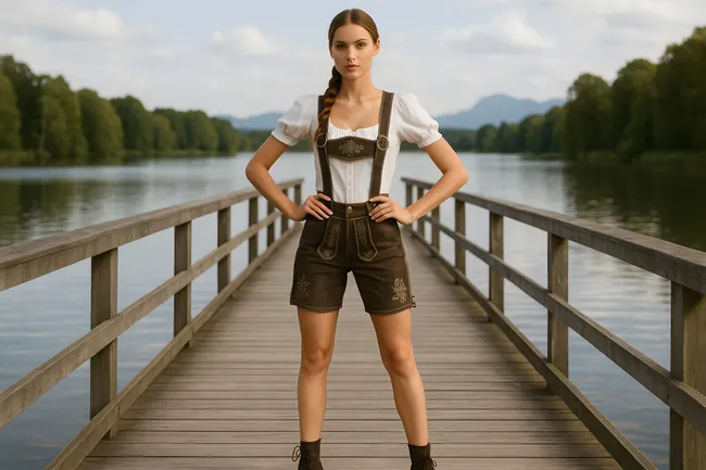 Junge Frau in traditioneller Tracht auf Holzsteg