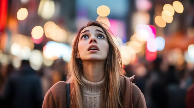 Junge Frau inmitten einer farbenfrohen Großstadt-Szenerie