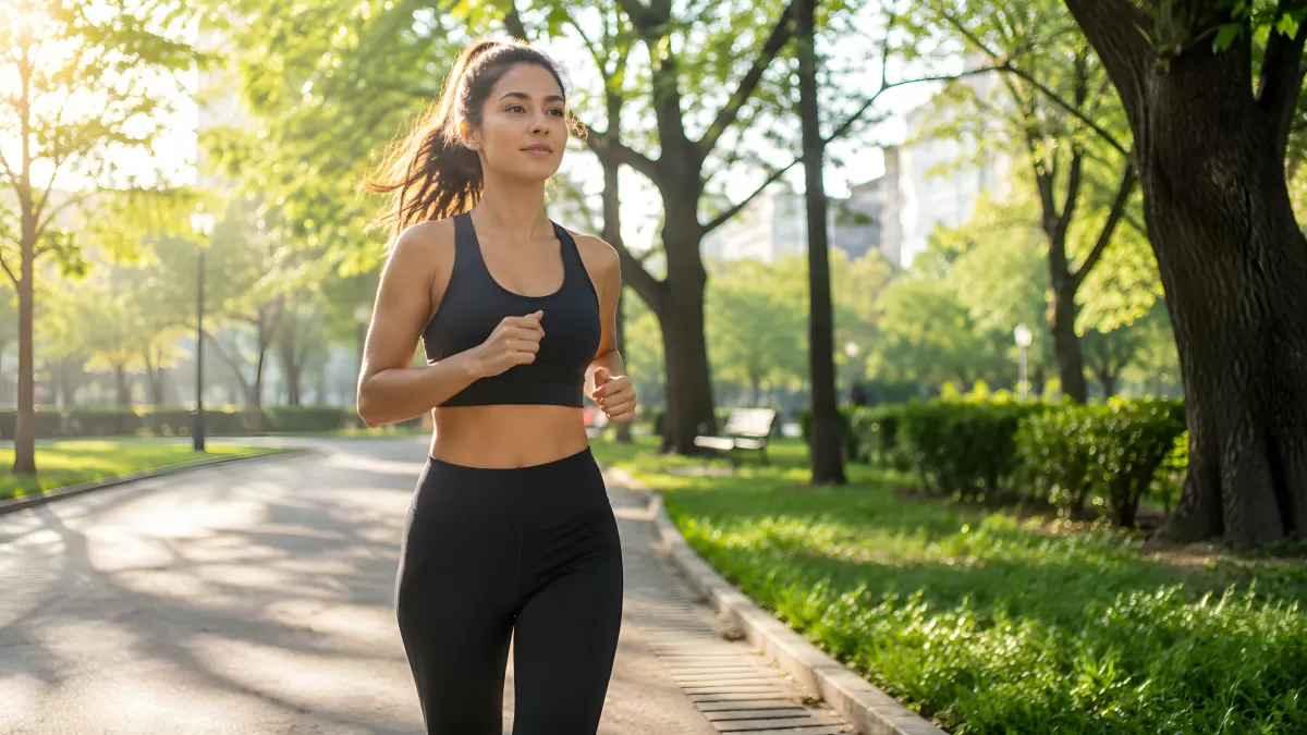 Junge Frau joggt morgens im grünen Stadtpark
