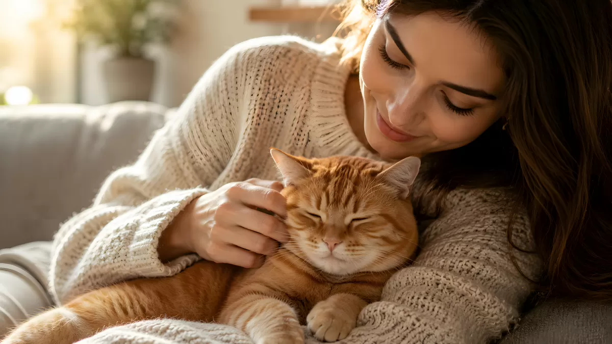 Junge Frau kuschelt mit orangem Kater auf dem Sofa