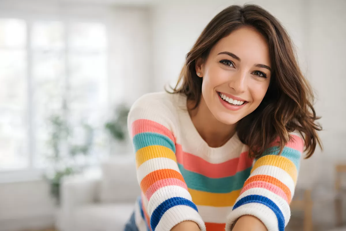 Junge Frau lächelt entspannt im hellen Wohnzimmer