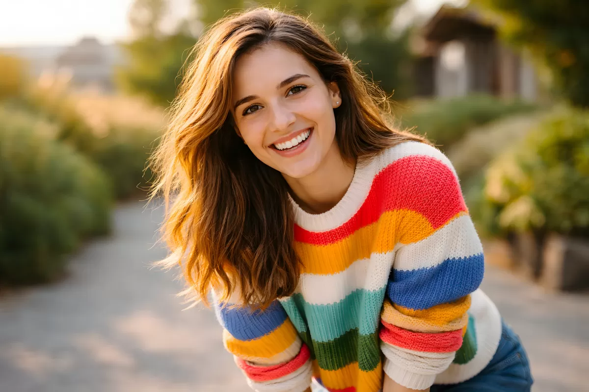 Junge Frau lächelt im Freien mit buntem Ringelpullover