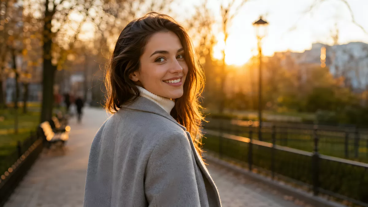 Junge Frau lächelt im Park bei goldenem Sonnenuntergang