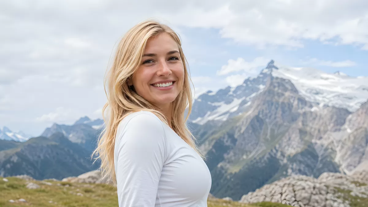 Junge Frau lächelt vor Bergpanorama in den Alpen