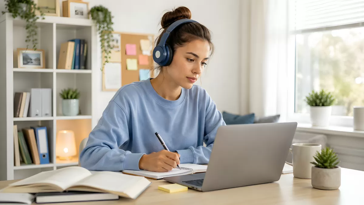 Junge Frau lernt mit Laptop und Kopfhörer am Schreibtisch